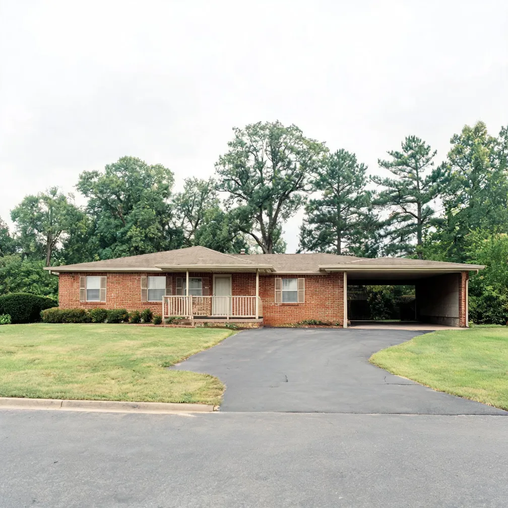 A single-story red brick ranch house with a low hipped roof, small front porch with white railings, and an attached carport, fronted by a wide asphalt driveway and mown lawn, with deciduous and pine trees behind under an overcast sky.