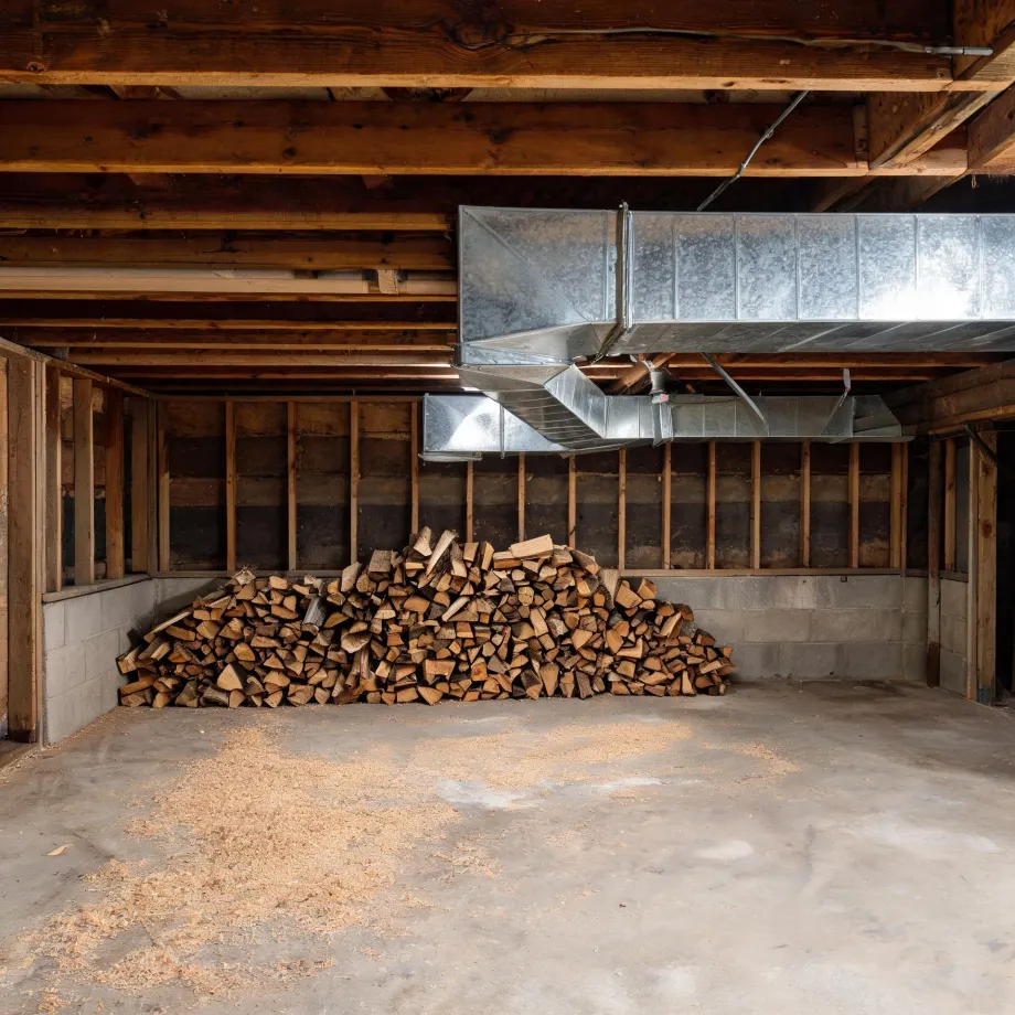Unfinished basement with exposed wood joists and stud walls, galvanized sheet-metal ductwork overhead, a large stack of split firewood against a concrete block wall, and sawdust scattered on the concrete floor.