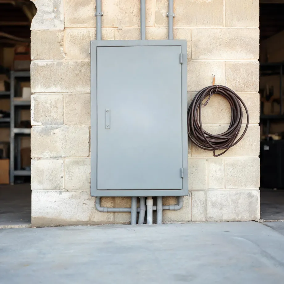 A gray metal electrical panel box mounted on a pale concrete block wall with conduit pipes running above and below it, and a coiled dark cable hanging on the wall to its right.