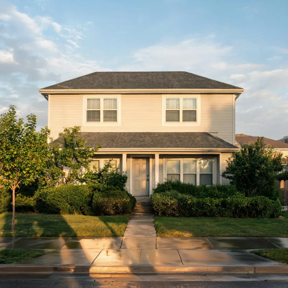 Two-story house with pale horizontal siding and a gray shingled roof, fronted by trimmed hedges, a small tree, a lawn, and a concrete walkway leading to the front door, photographed in low warm sunlight.