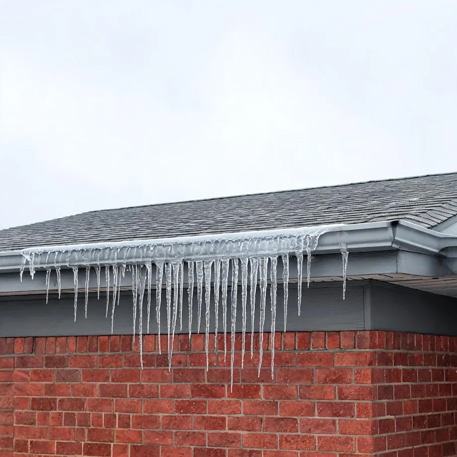 Icicles hanging from a gutter along the edge of a shingled roof above a red brick wall and gray siding, under an overcast sky.
