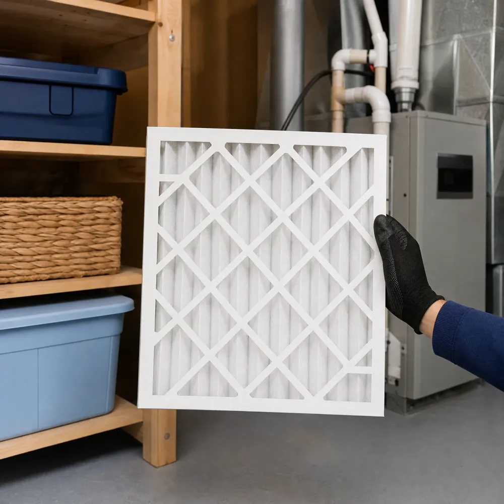 A gloved hand holds a white pleated air filter upright in a basement utility area, with wooden shelving holding storage bins and a basket on the left and furnace ductwork and piping on the right.