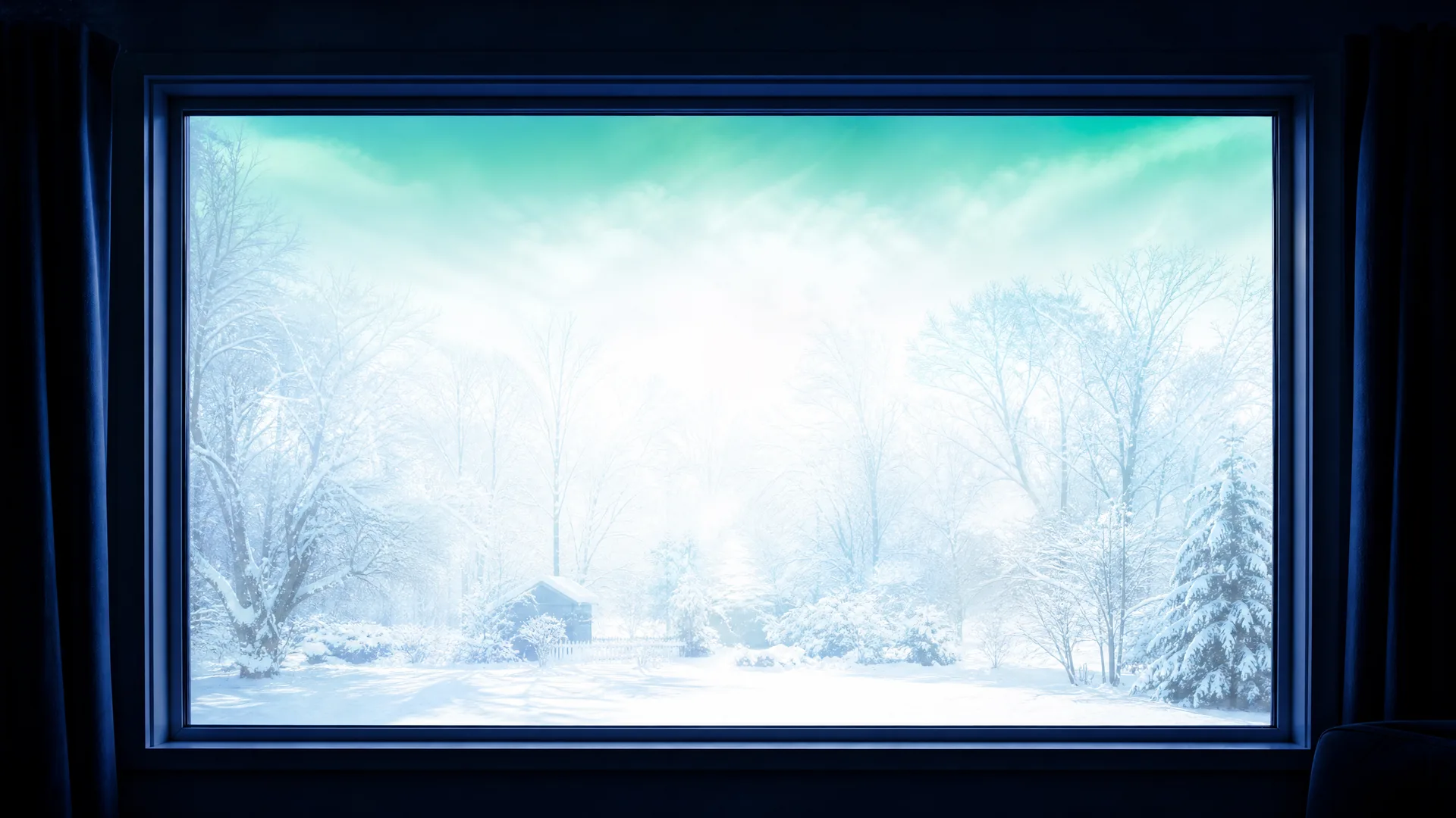 View through a large window from a dark interior onto a bright, snow-covered landscape with frost-coated trees, a small shed and a teal-tinted sky.