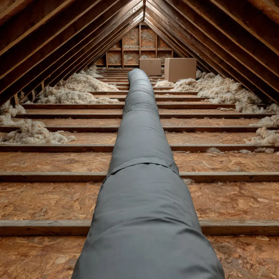 Interior of an unfinished attic with wooden rafters, an OSB floor, loose fiberglass insulation between joists, a large gray insulated flexible duct running down the center, and two cardboard boxes at the far end.