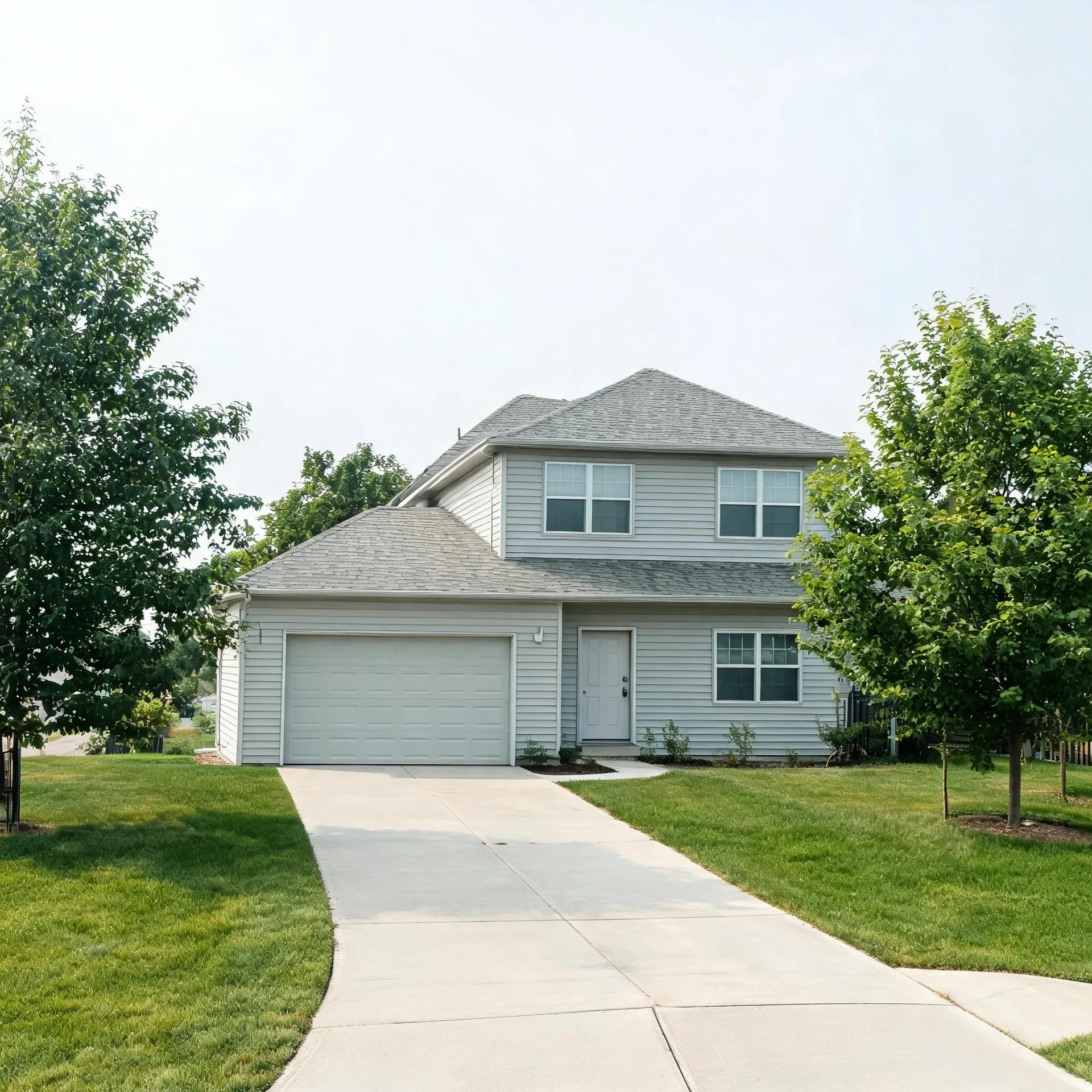 Two-story house with light gray vinyl siding, gray shingled roof, attached two-car garage and a concrete driveway, flanked by mown lawn and young deciduous trees under an overcast sky.