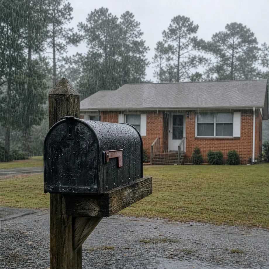 A black metal mailbox on a weathered wooden post, beaded with water, stands in the foreground during rain, with a single-story brick house with a gray shingled roof, a lawn, and tall pine trees behind it under an overcast sky.