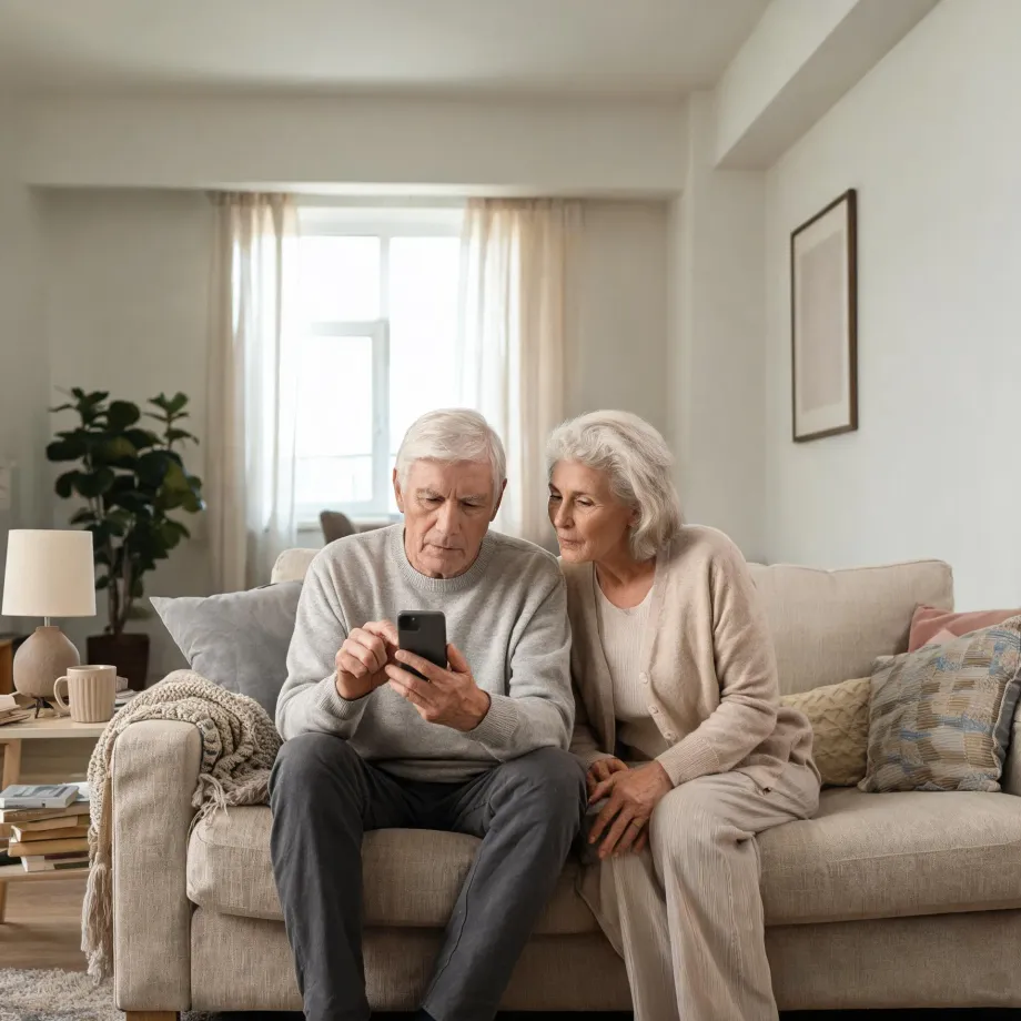 An older man and woman sit together on a beige sofa in a bright living room, both looking at a smartphone he is holding, with a houseplant, table lamp and framed picture nearby.