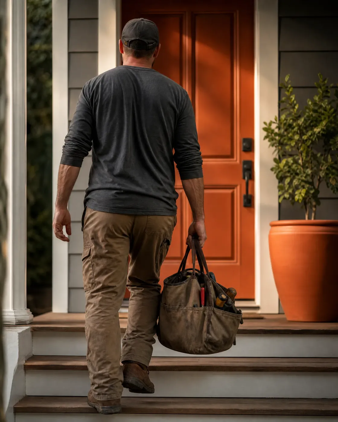 A man in a cap, dark long-sleeved shirt and tan work pants climbs wooden porch steps toward an orange front door, carrying a canvas tool bag with tools in it, beside a potted shrub in a terracotta planter.