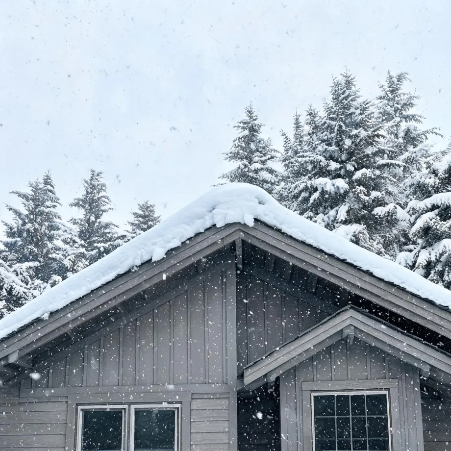 Snow-covered gable roof of a gray board-and-batten wood house with a smaller dormer gable, seen against snow-laden conifers and falling snow under a pale sky.