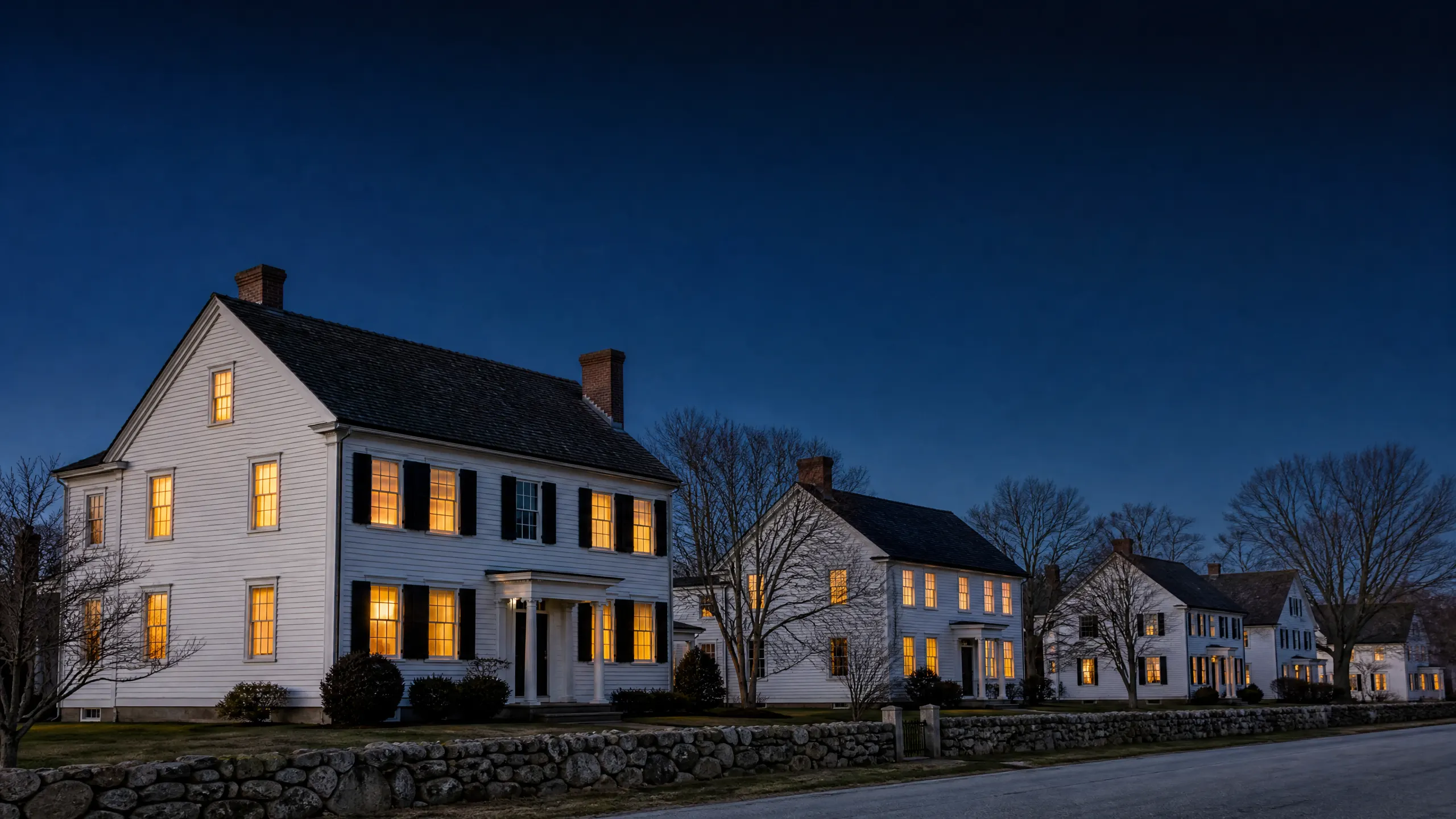 A row of illuminated white colonial houses with black shutters and a stone wall along a road at dusk.