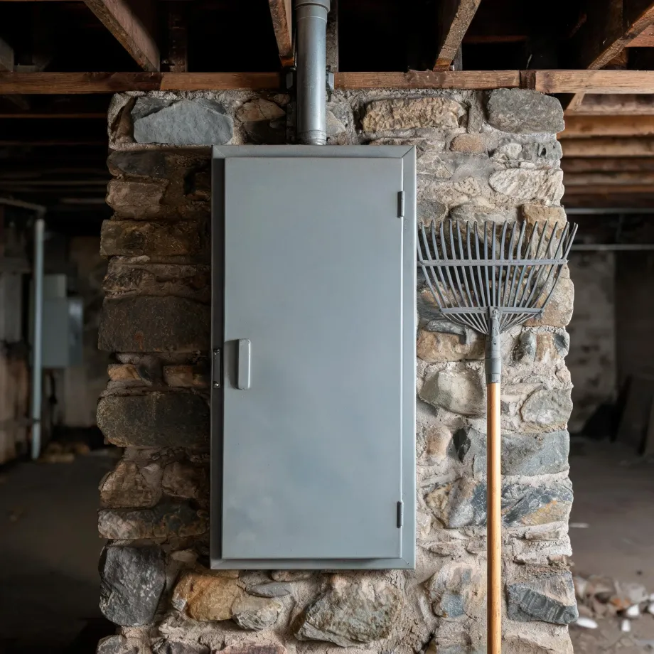 A gray metal cabinet with a closed door mounted on a stone wall in a basement with wooden ceiling joists, a metal duct above, and a leaf rake leaning against the wall to the right.