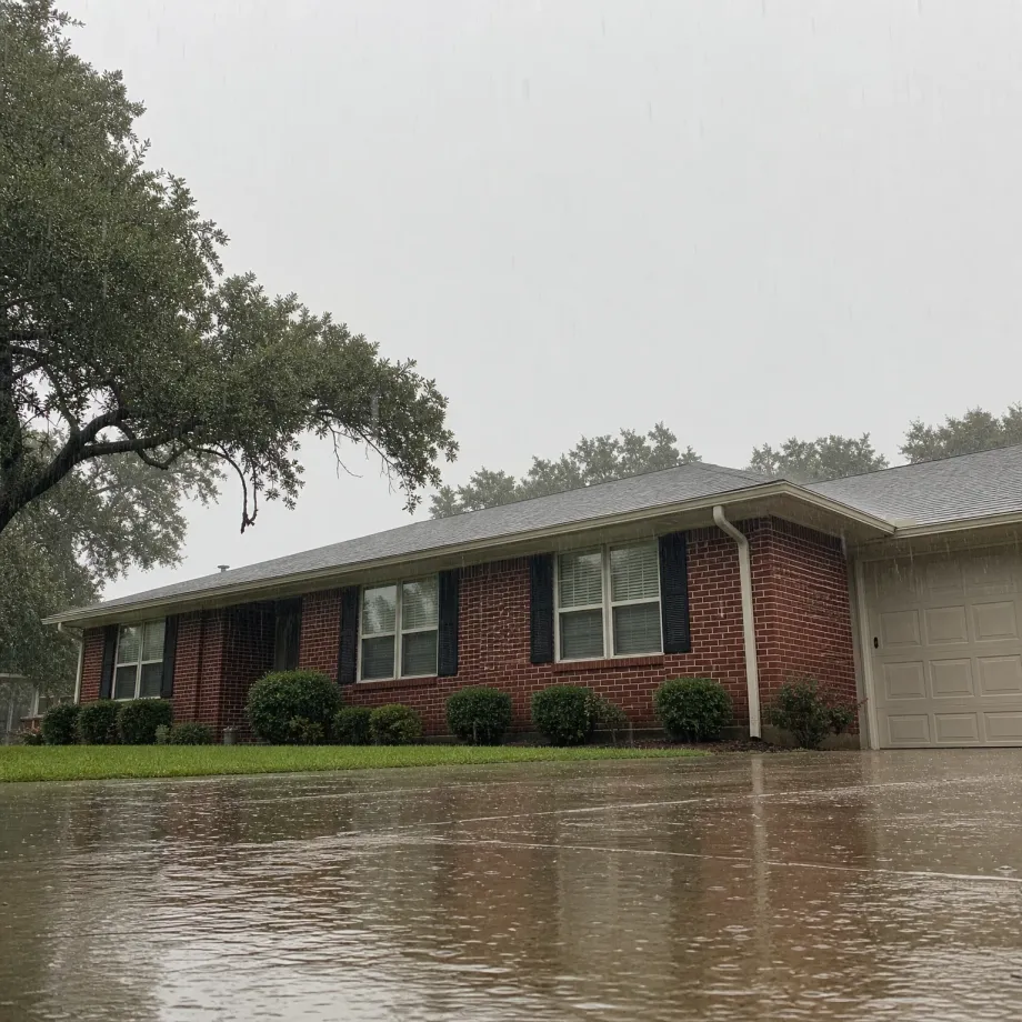 A single-story red brick house with dark shutters and an attached garage during heavy rain, with a flooded driveway and street in the foreground and a large oak tree at left under a gray sky.