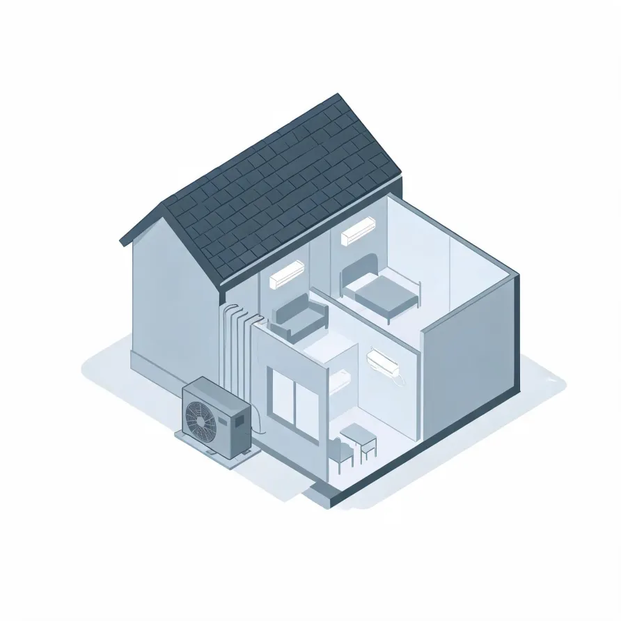 Isometric illustration of a cutaway house with a dark shingled gable roof, showing interior rooms with a bed, chairs and table, three wall-mounted mini-split indoor units connected by line sets to an outdoor condenser unit on a pad outside.