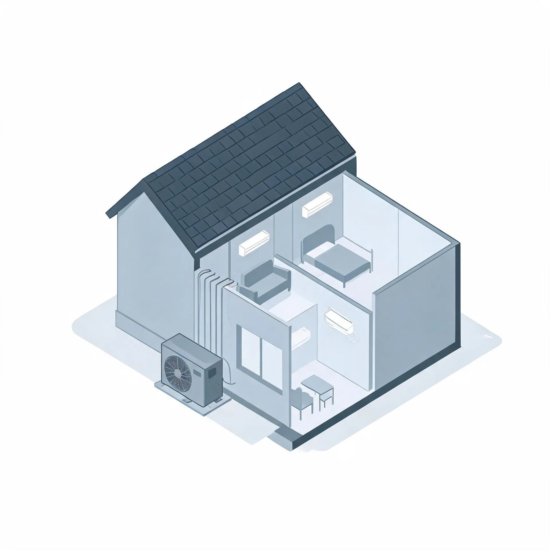 Isometric illustration of a cutaway house with a dark shingled gable roof, showing interior rooms with a bed, chairs and table, three wall-mounted mini-split indoor units connected by line sets to an outdoor condenser unit on a pad outside.