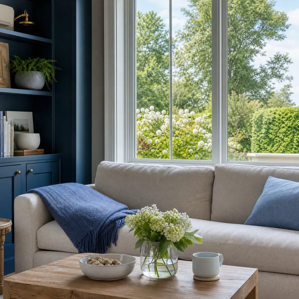 A living room with a beige sofa, blue throw blanket and cushion, a wooden coffee table holding a vase of white flowers, a bowl and a mug, dark blue built-in shelving at left, and a white-framed window showing green trees and shrubs.