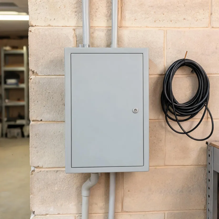 A gray metal electrical enclosure with a locking door mounted on a light-colored block wall, with white conduit pipes running above and below it and a coiled black cable hanging to the right.