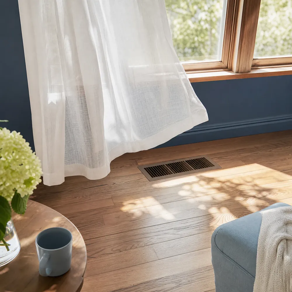 A rectangular metal floor vent set in a hardwood floor near a window with a sheer white curtain, a navy wall, a round wooden table with a mug and white hydrangeas, and a light blue upholstered chair with a knit throw.