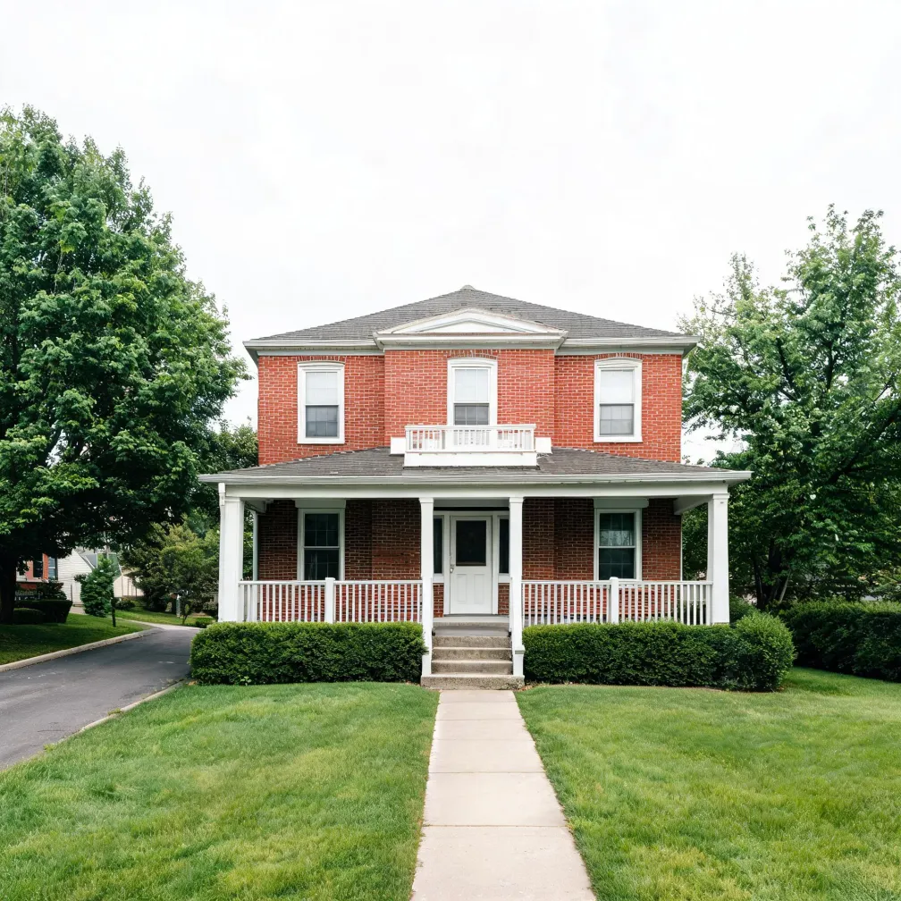 A two-story red brick house with a white covered porch, white railings, a second-floor balcony, and a concrete walkway leading across a mown lawn to the front steps, with deciduous trees on both sides under an overcast sky.