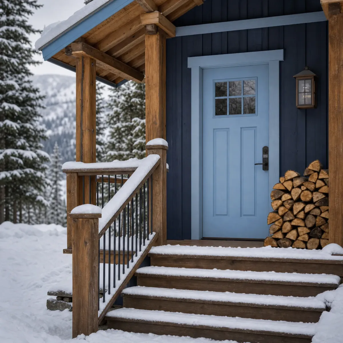 Snow-covered wooden steps and railing lead to a light blue door on a dark navy board-and-batten cabin, with stacked firewood, a wall lantern, and snowy conifers behind.