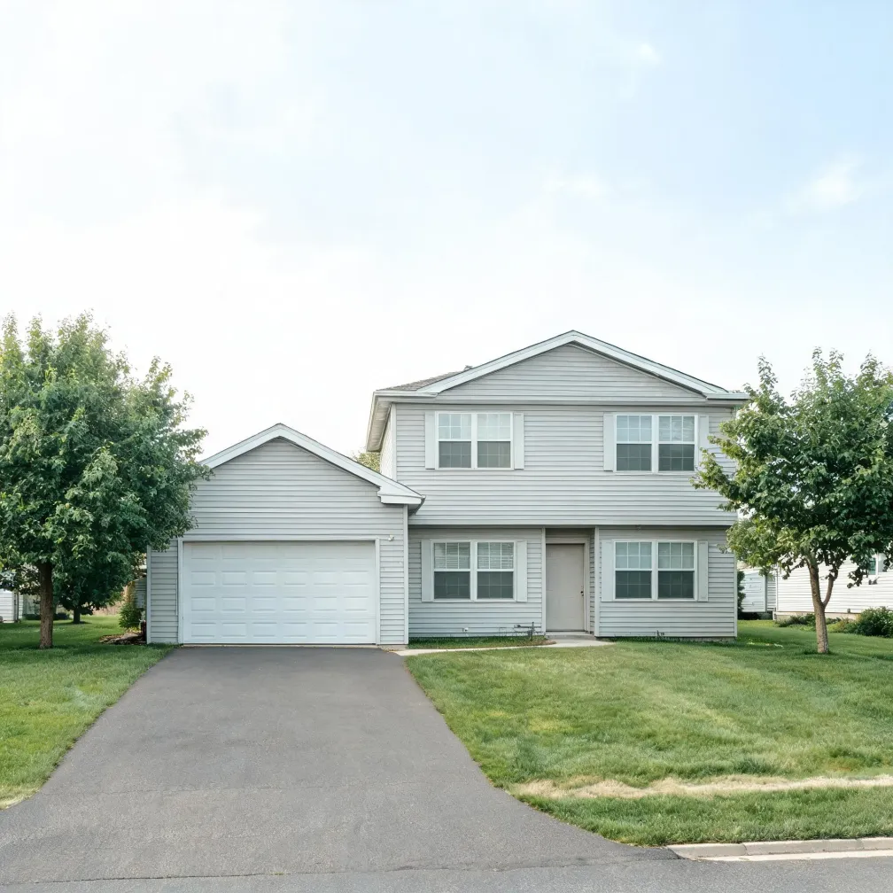 Two-story light gray vinyl-sided house with an attached two-car garage, white door, asphalt driveway, mown lawn and deciduous trees on both sides under a hazy sky.