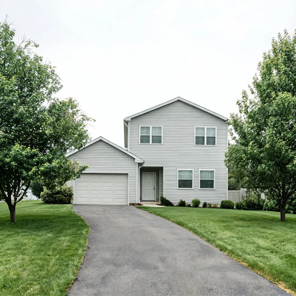 Two-story house with light gray vinyl siding and an attached two-car garage, fronted by an asphalt driveway, mowed lawn and deciduous trees under an overcast sky.