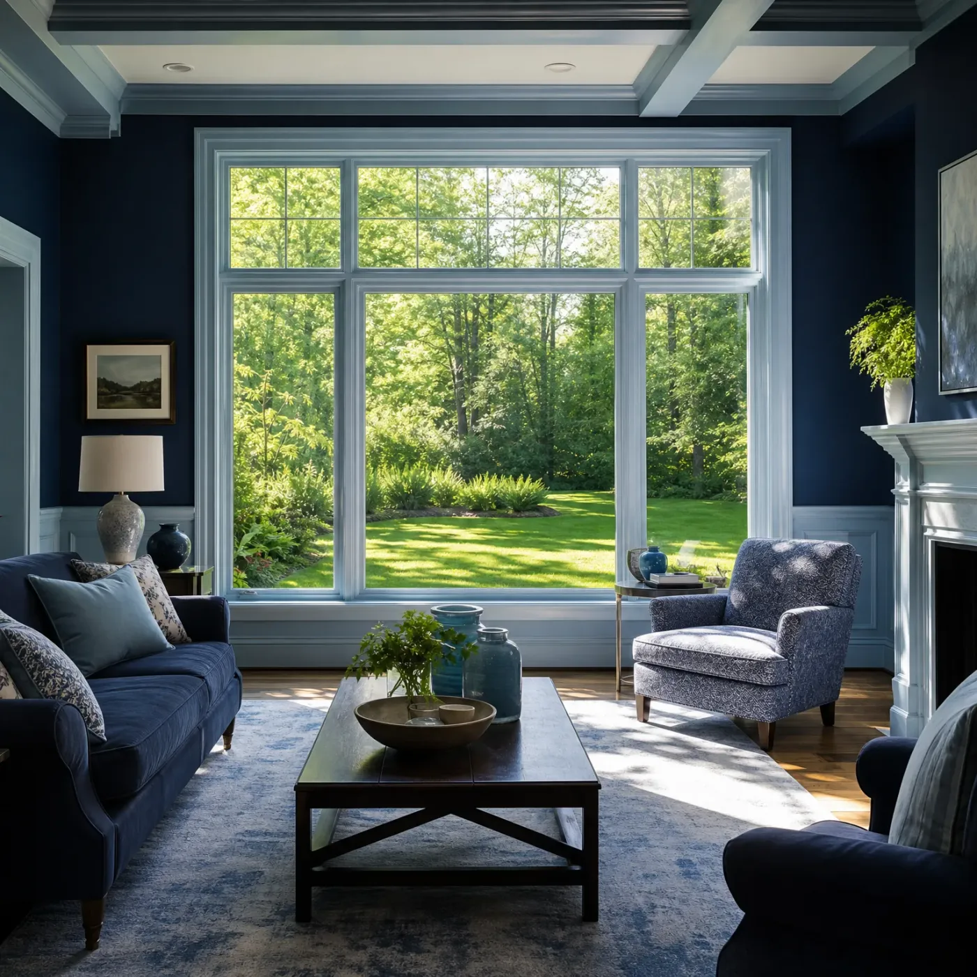 A navy-walled living room with a large white-framed window overlooking a green lawn and leafy trees, furnished with a dark blue sofa, patterned armchair, dark wood coffee table holding glass vases and a bowl, a blue area rug, and a white fireplace mantel at right.