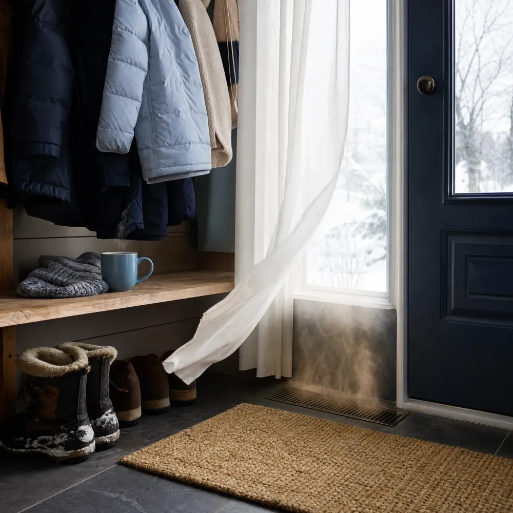Entryway with coats hung above a wooden bench holding mittens and a steaming mug, boots on a tile floor, a jute mat, a floor vent with visible warm air, a sheer curtain blowing by a window showing snow, and a dark blue door.
