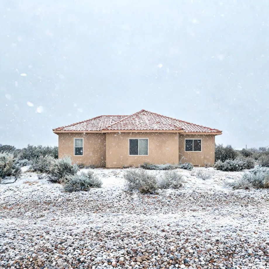 A single-story tan stucco house with a red tile roof stands among low desert shrubs and a gravel foreground during falling snow under a pale gray sky.
