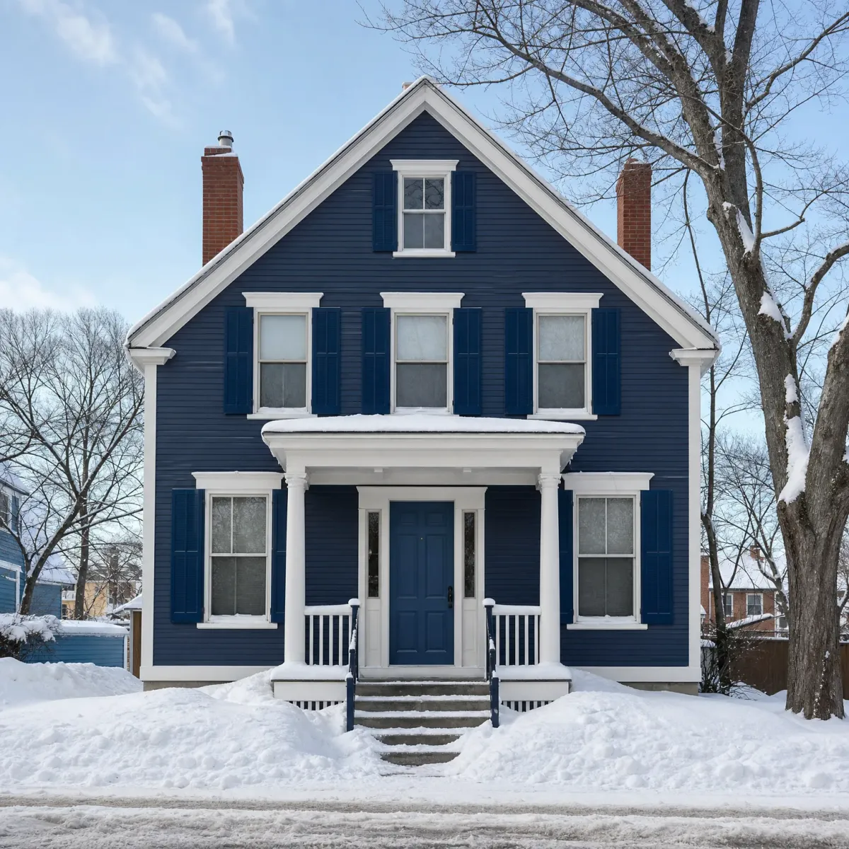 A two-story navy blue clapboard house with white trim, blue shutters, two brick chimneys and a columned front porch, surrounded by deep snow and bare trees under a partly cloudy sky.