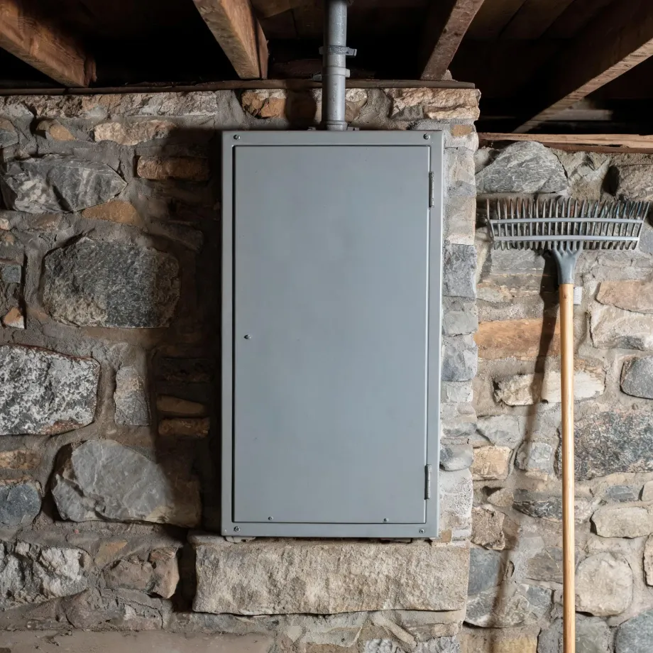 A closed gray metal electrical panel mounted on a stone wall with a conduit running up to wooden ceiling joists, and a wooden-handled rake leaning against the wall at right.
