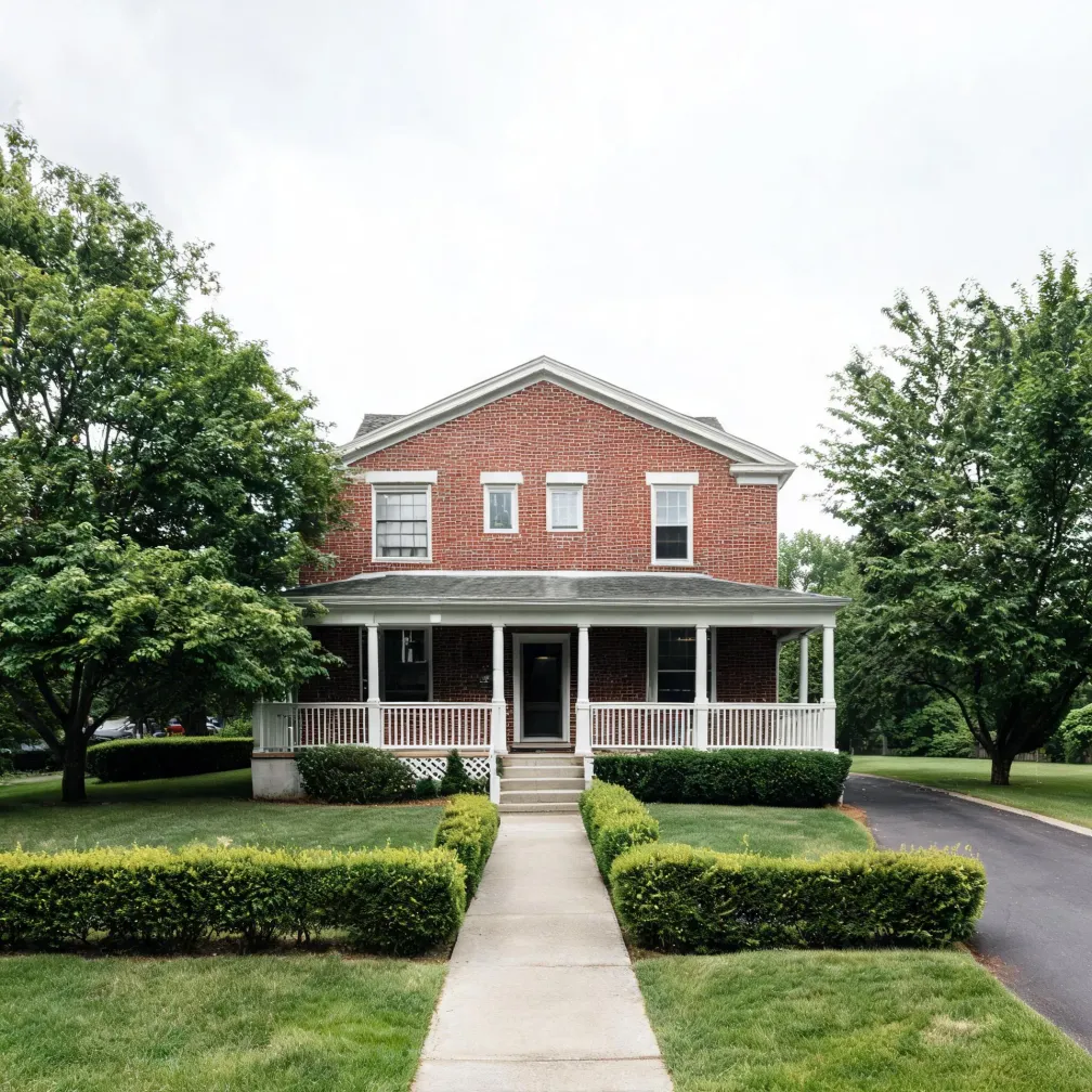 A two-story red brick house with a white covered porch, white-trimmed windows, and a gabled roof, fronted by a concrete walkway, trimmed hedges, lawn, and large deciduous trees under an overcast sky.