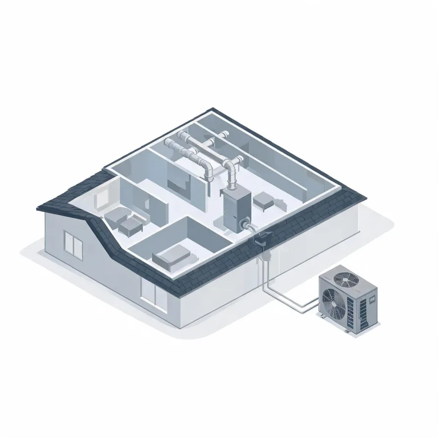 Isometric cutaway illustration of a single-story house showing interior rooms with ductwork, a furnace or air handler, and refrigerant lines running outside to a condenser unit on a pad.