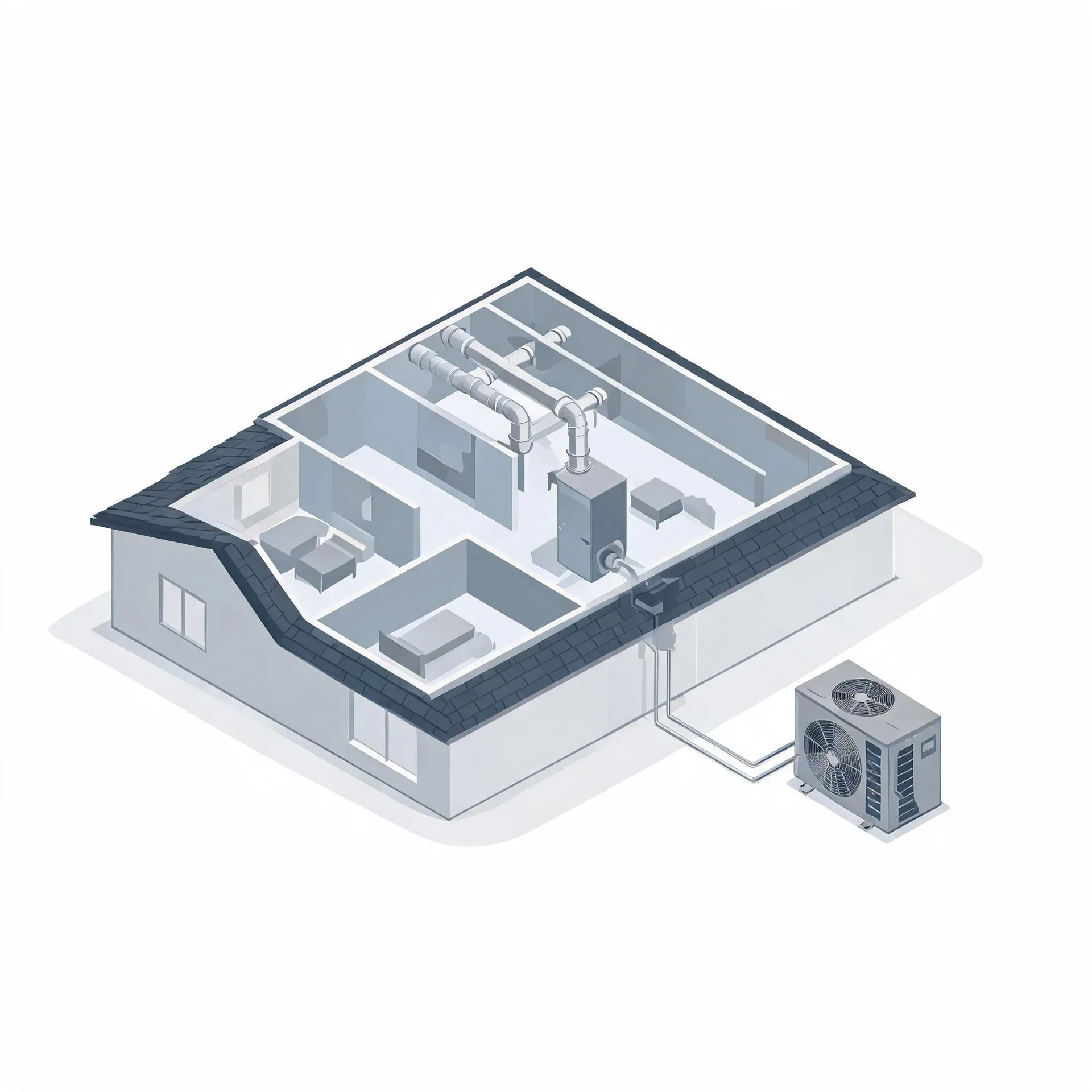 Isometric cutaway illustration of a single-story house showing interior rooms with ductwork, a furnace or air handler, and refrigerant lines running outside to a condenser unit on a pad.