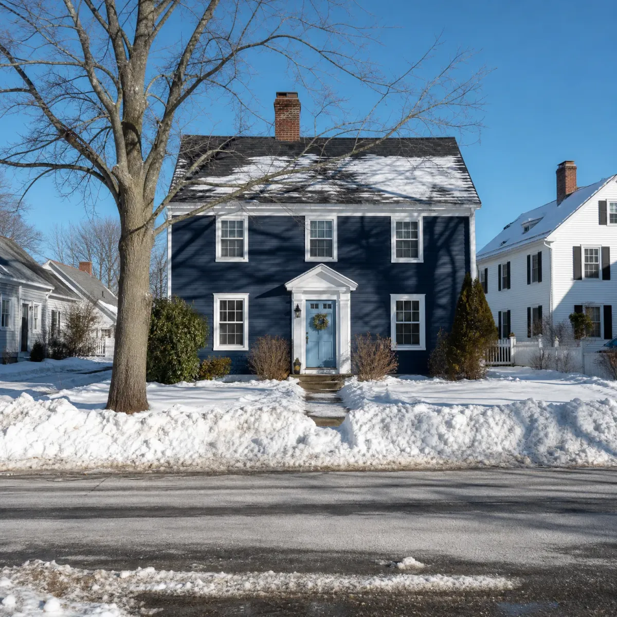 A two-story dark blue clapboard house with white trim, a brick chimney and a light blue front door with a wreath, behind snow-covered ground and a bare tree, with white neighboring houses and a cleared road in the foreground.