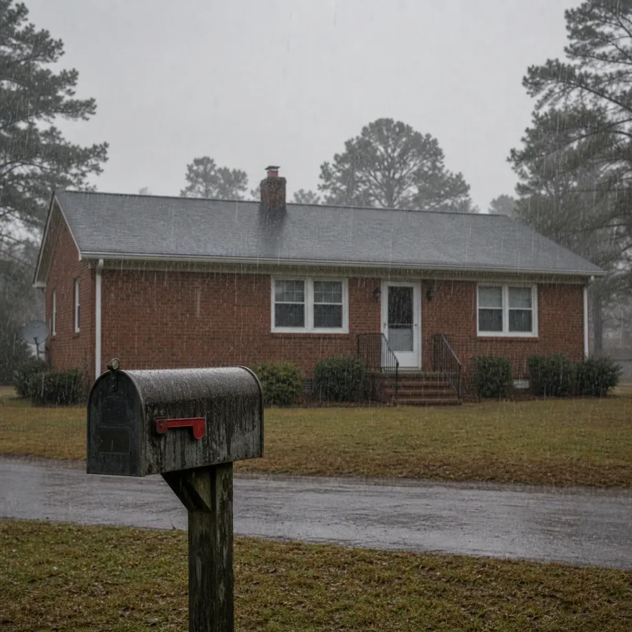 A weathered metal mailbox on a wooden post stands in the foreground during heavy rain, with a single-story brick house with a gray roof, chimney, and front steps behind it, framed by tall pine trees under an overcast sky.