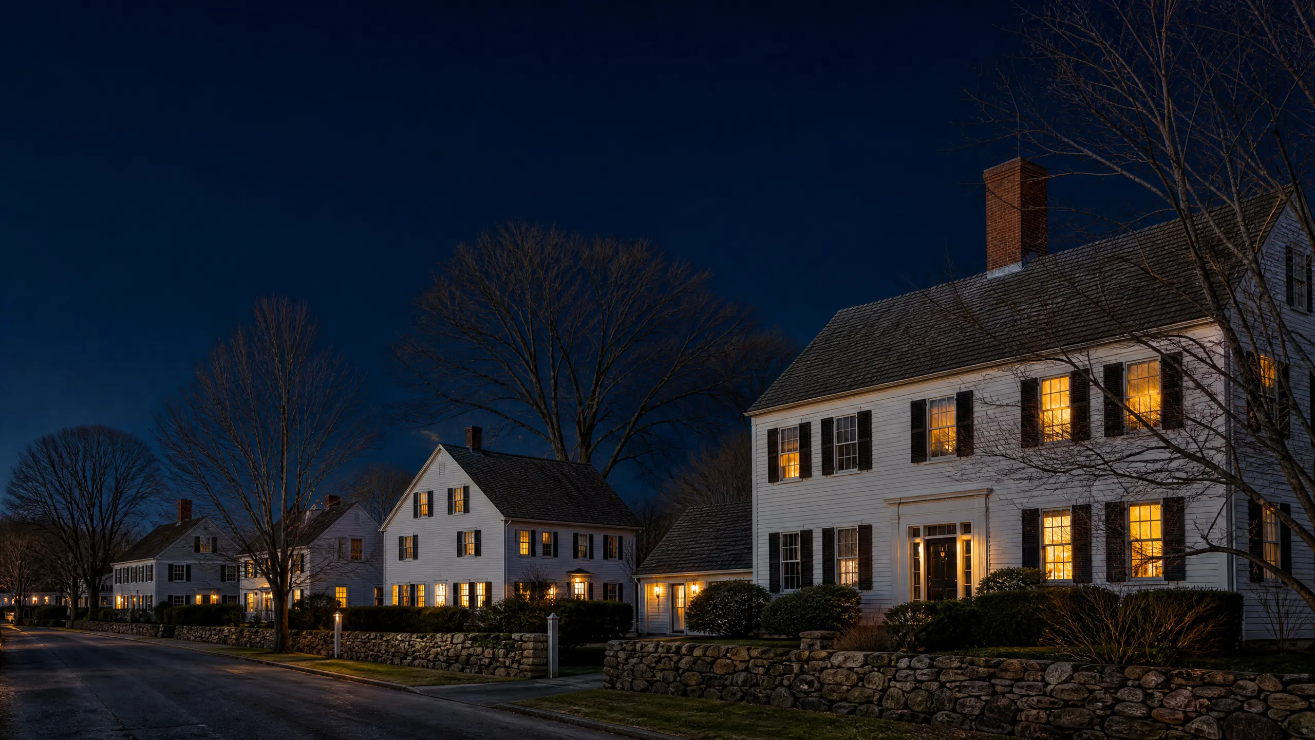White colonial houses with lit windows and dark shutters line a tree-lined street at dusk, bordered by dry-stacked stone walls.