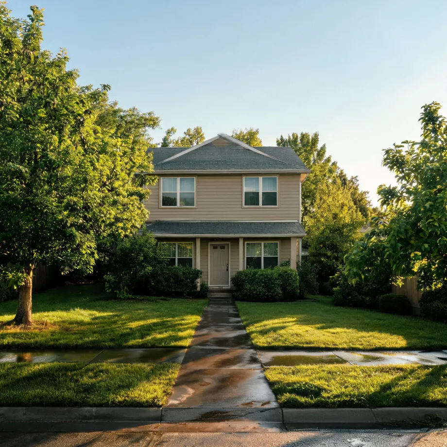 A two-story beige house with horizontal siding, a gray shingled roof and a white front door, set behind a lawn with a concrete walkway and sidewalk, flanked by large green trees under a clear sky.