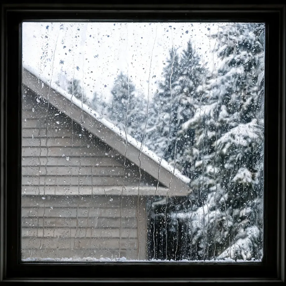 View through a dark-framed window with water droplets and streaks on the glass, showing a snow-covered gabled roof of a clapboard building and snow-laden conifer trees under an overcast sky.