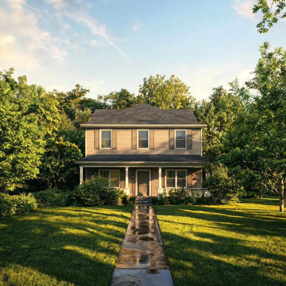 A two-story house with light siding, shuttered windows, and a covered front porch, set behind a mown lawn and a stone walkway, surrounded by leafy green trees in late-day sunlight.