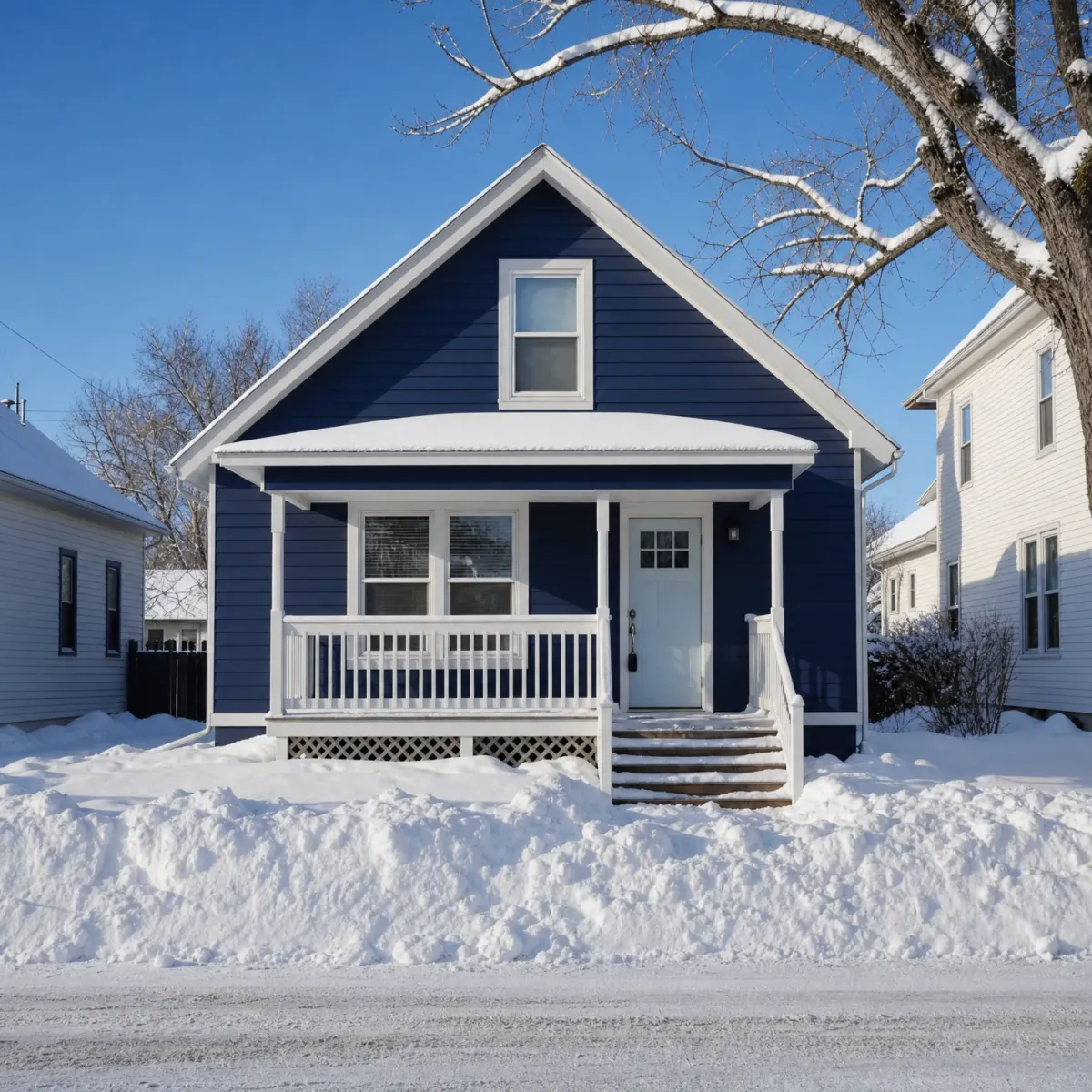 A small navy-blue house with white trim, a covered front porch, and a dormer window, surrounded by deep snow under a clear blue sky, with a bare tree at right and white neighboring houses on both sides.