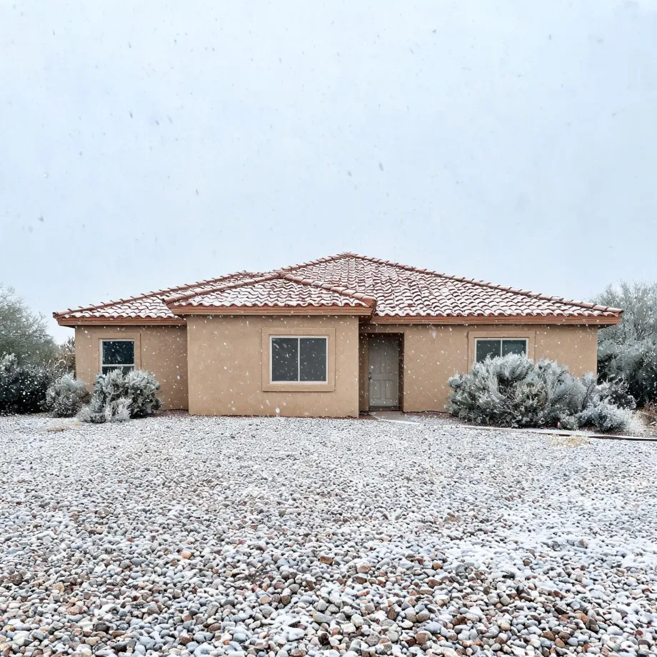 A single-story tan stucco house with a red tile roof during falling snow, fronted by a gravel yard and frost-covered desert shrubs and cholla cactus.