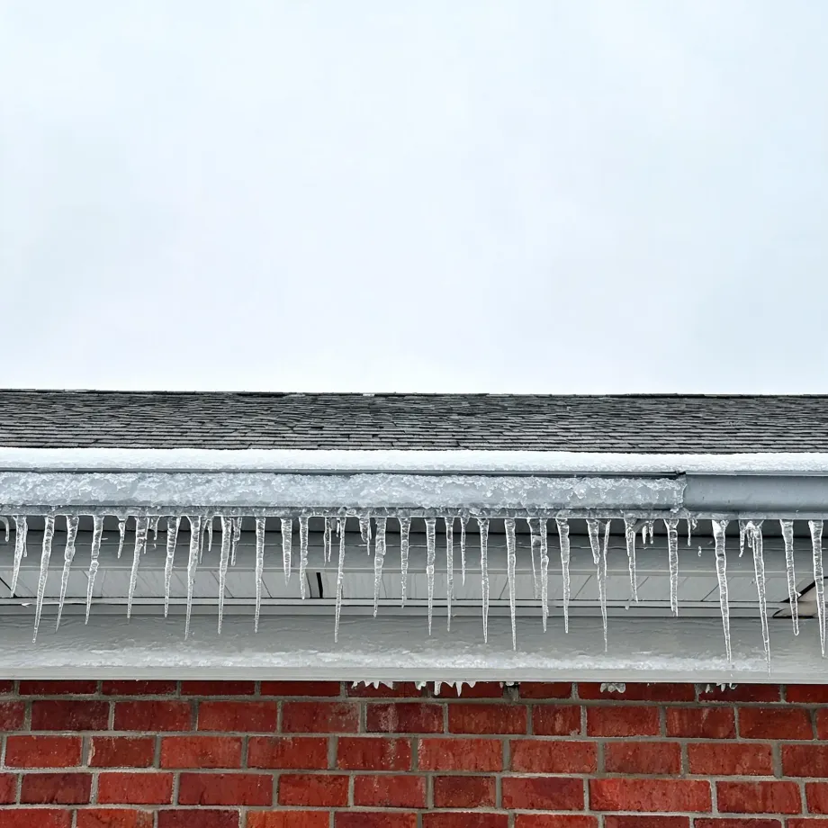 Row of icicles hanging from a snow-filled gutter along the edge of a shingled roof above a red brick wall, under an overcast white sky.