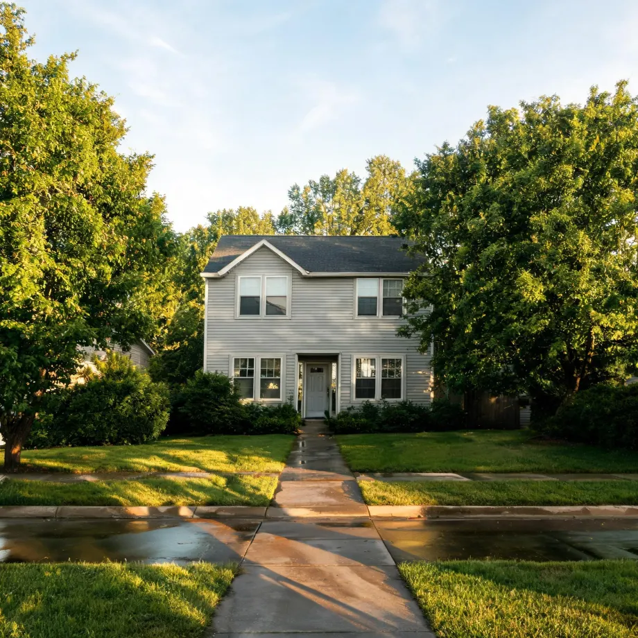 A two-story gray clapboard house with white-trimmed windows and a white front door, framed by large green trees, with a wet concrete walkway and sidewalk crossing a lawn in the foreground.