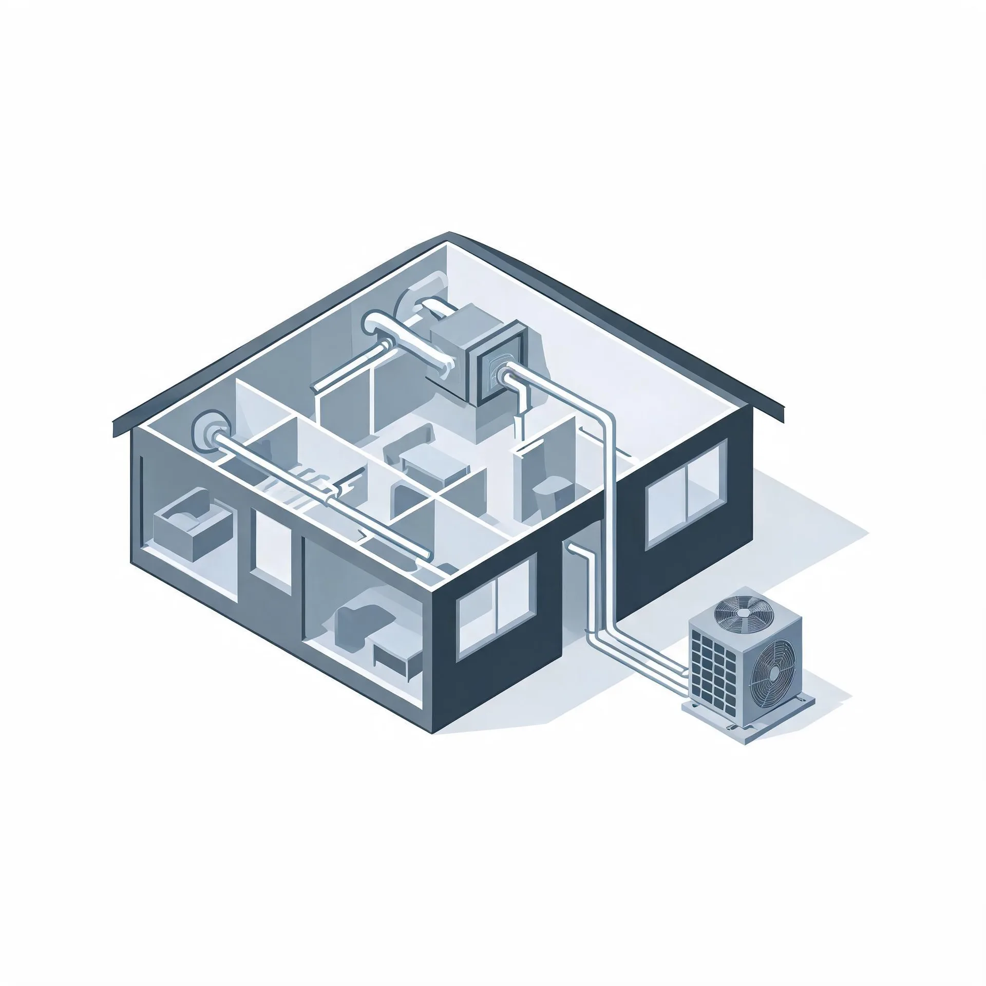Isometric cutaway illustration of a single-story house showing interior ductwork and an air handler connected by lines to an outdoor condenser unit on a pad beside the building.