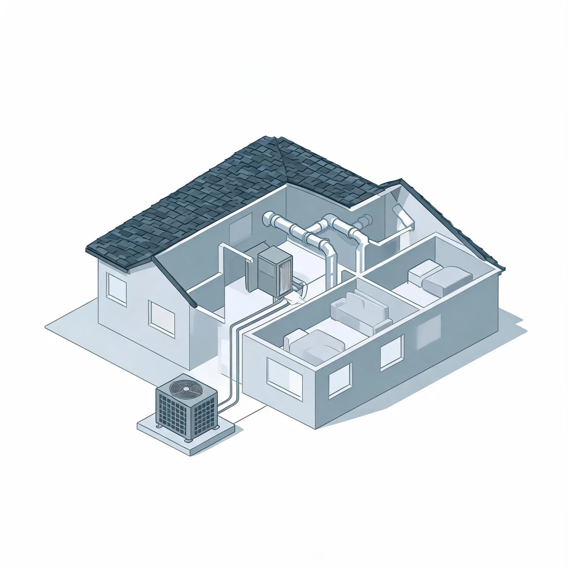Isometric cutaway illustration of a single-story house showing interior rooms with furniture, attic ductwork connected to an indoor air handler, and an outdoor condenser unit on a pad linked by refrigerant lines.