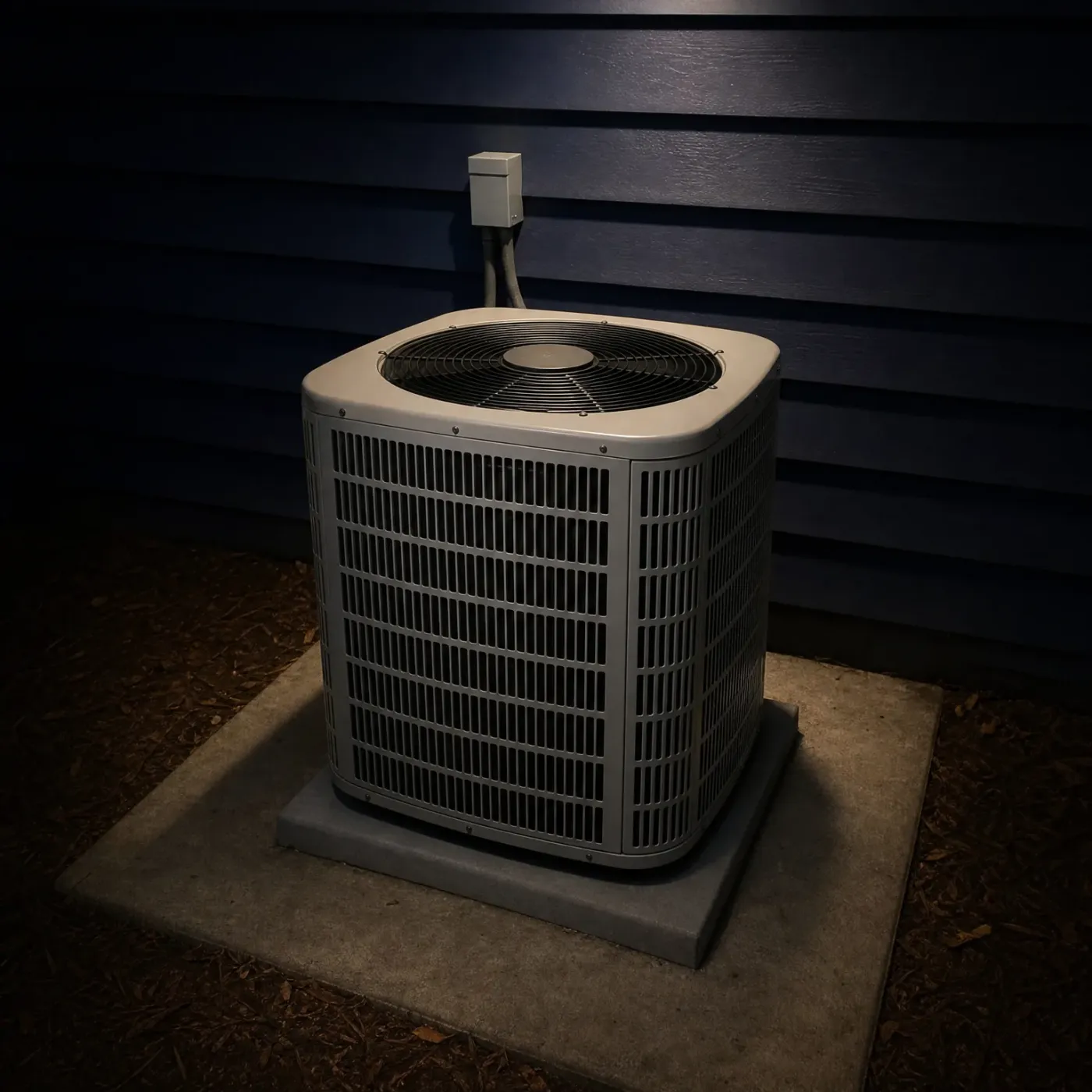 An outdoor air conditioner condenser unit on a concrete pad beside a dark horizontal-lap sided wall, with a conduit and disconnect box mounted above it, surrounded by mulch at night.