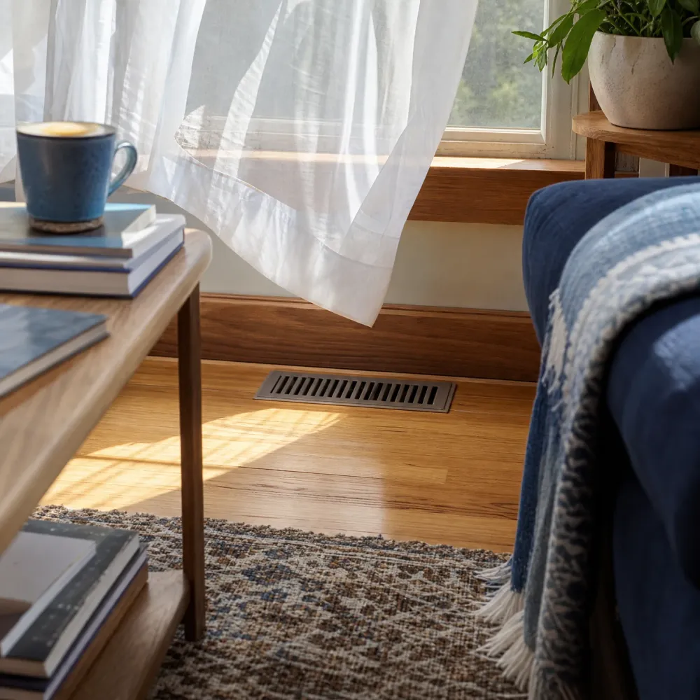 A metal floor vent set in a wood floor near a baseboard and window with a sheer white curtain, with a wooden table holding books and a blue mug on the left and a blue sofa with a fringed throw on the right.