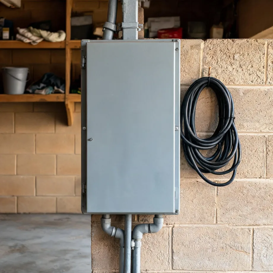 A gray metal electrical panel enclosure mounted on a concrete block wall with conduit running above and below it, and a coiled black cable hanging on the wall to its right.