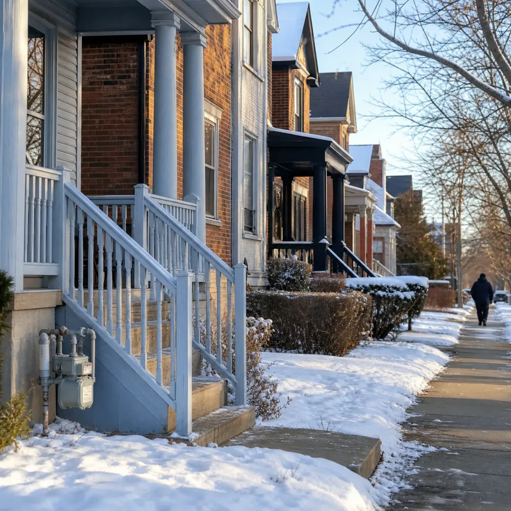 A row of brick houses with covered porches and light blue railed front steps along a snow-lined sidewalk, with a person in dark clothing walking away in the distance under bare trees.