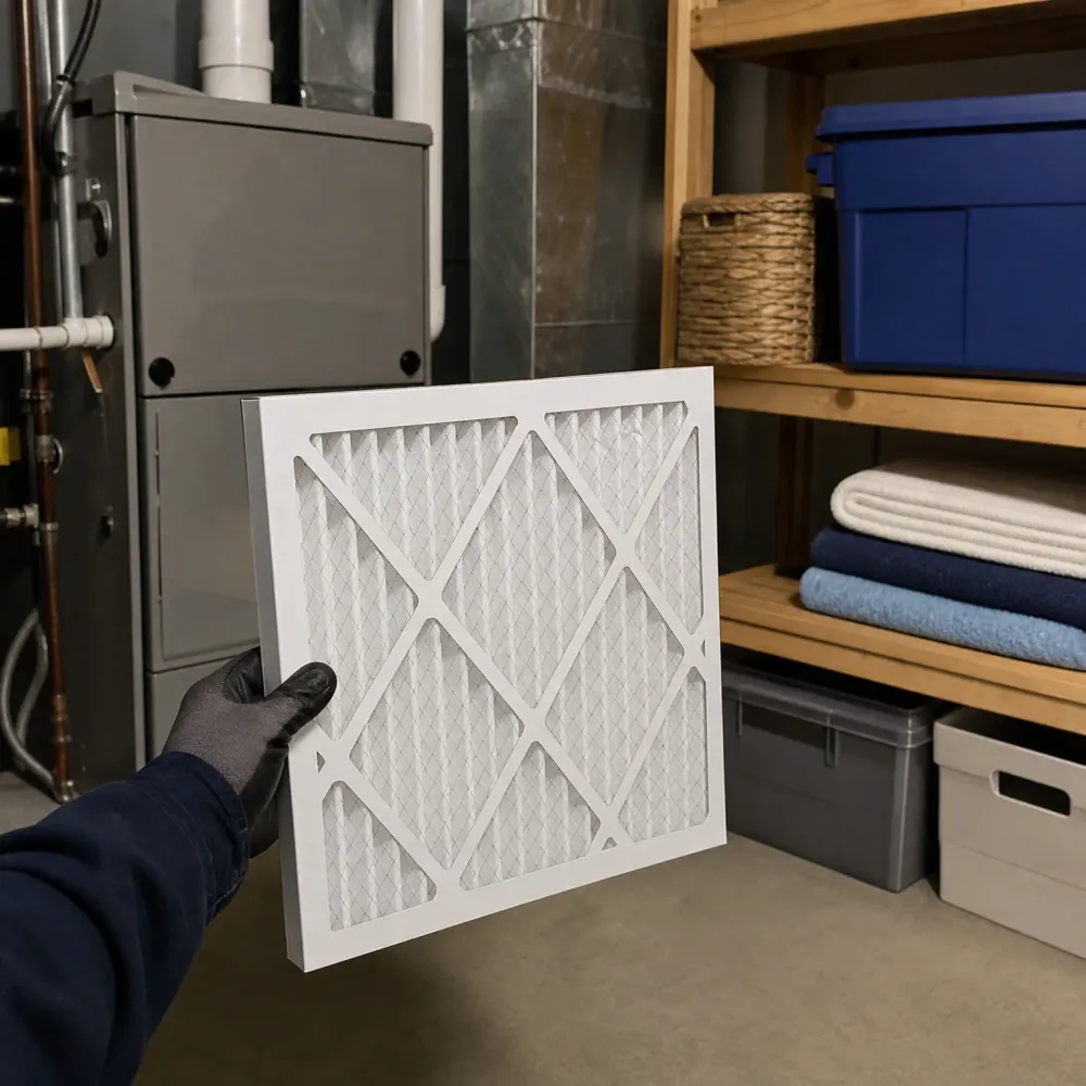 A gloved hand holds a white pleated air filter in front of a basement furnace, with wooden shelving holding bins, baskets, and folded towels on the right.